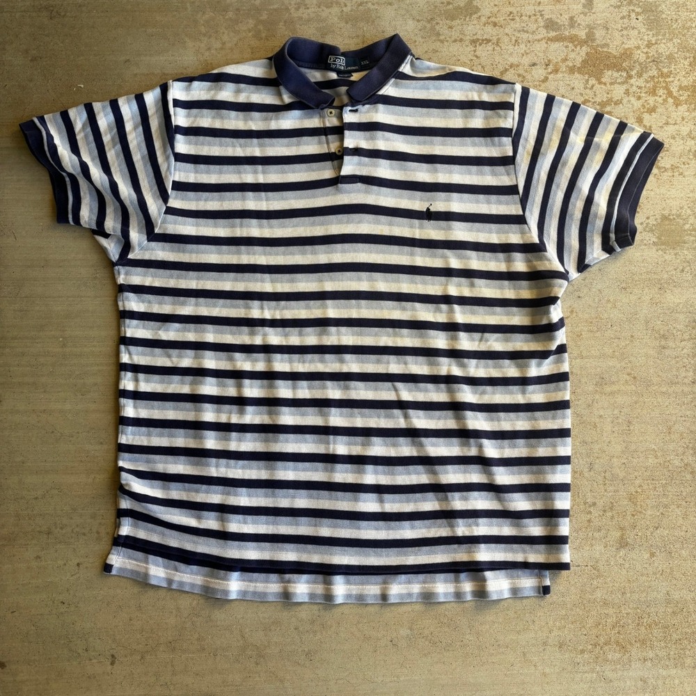 Polo Ralph Lauren XXL Mens Striped Waffle Knit Polo Shirt Navy Blue White FLAWS